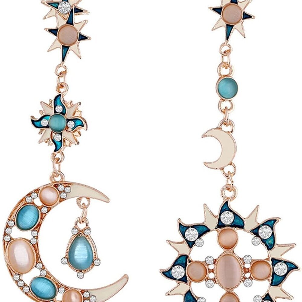 Asymmetrical Sun and Moon Drop Dangle Earrings Rhinestone Crystal Moonstone Cres